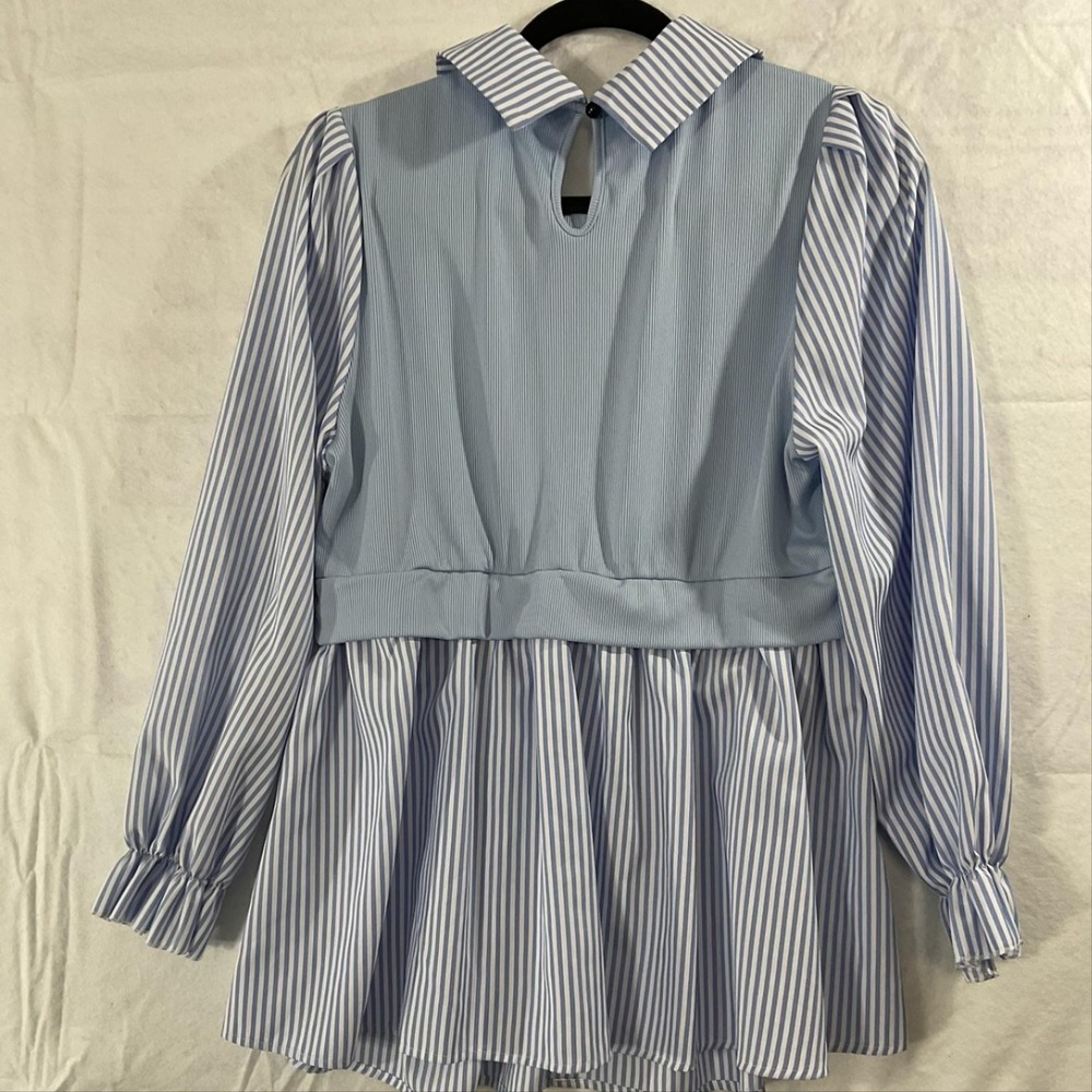 Shein Blouse Womens 1XL Blue Striped Collared Puff Sleeve Tunic Top Plus Size - Picture 5 of 9
